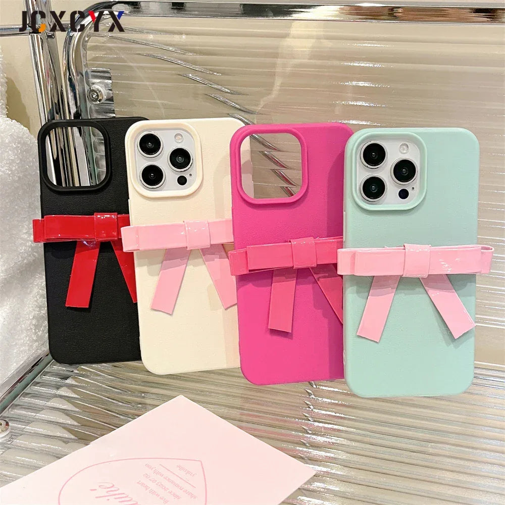 Korean Cute 3D Bowknot Lychee Leather Pattern TPU Phone Case For iphone 16 15 14 13 12 11 Pro Max 14 15 16 Plus Kawaii Cover
