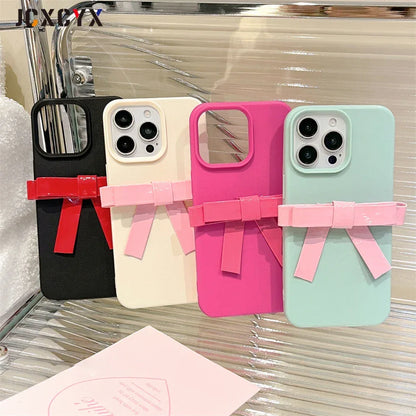 Korean Cute 3D Bowknot Lychee Leather Pattern TPU Phone Case For iphone 16 15 14 13 12 11 Pro Max 14 15 16 Plus Kawaii Cover