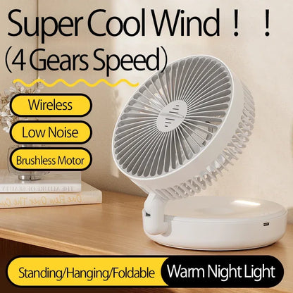 New 5000mAh Rechargeable 3IN1 Multifunctional Portable Fan Wall Mounted Fan 90° Folding Fan 4 Gears With Warm Night Light
