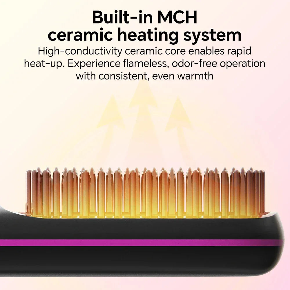 Rechargeable Hair Straightener Brush with 20s Fast Heating and 3 Temp Settings, Straightening Comb with Negative Ions for Women
