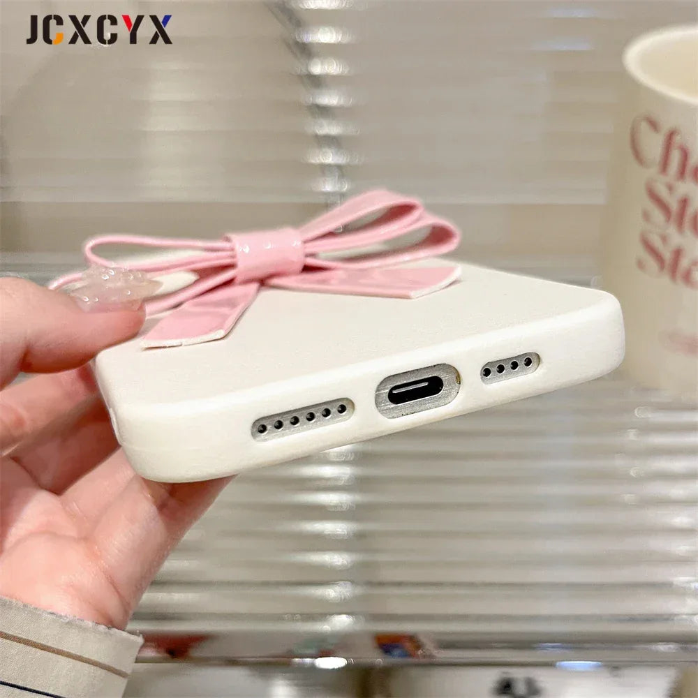 Korean Cute 3D Bowknot Lychee Leather Pattern TPU Phone Case For iphone 16 15 14 13 12 11 Pro Max 14 15 16 Plus Kawaii Cover