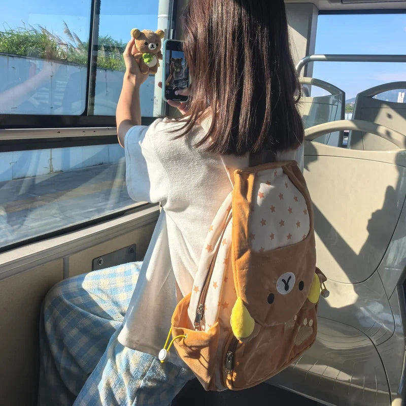 Kawaii Rilakkuma Cartoon Plush Backpack Cute Bear Younger Sister Large Capacity Student Schoolbag Lovely  Birthday Present gift