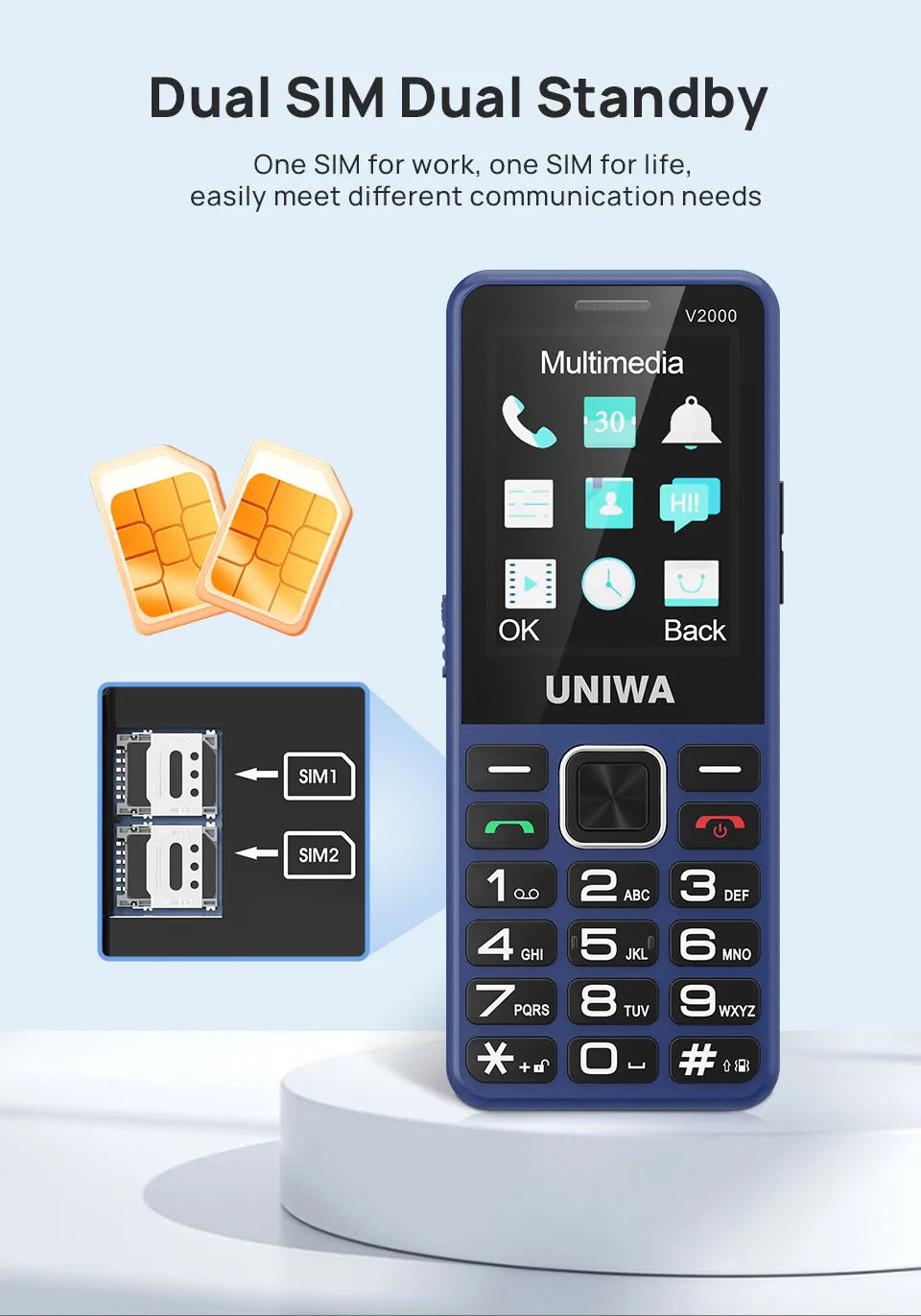 UNIWA V2000 Phone Big Push-Button Dual Screen 0.3MP Camera FM Radio Keyboard 1700mAh 4G Cellphone Support one click dialing