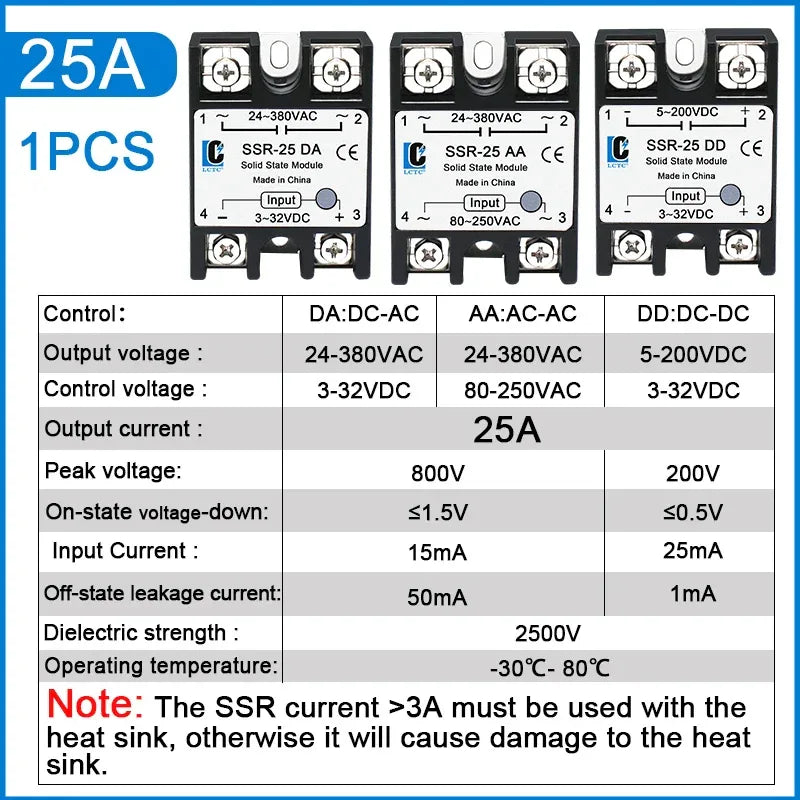 LCTC 1PCS SSR Solid State Relay DC To AC AC To AC DC To DC 10A 25A 40A 50A 60A 80A 100A Non-contact Relay 3-32VDC