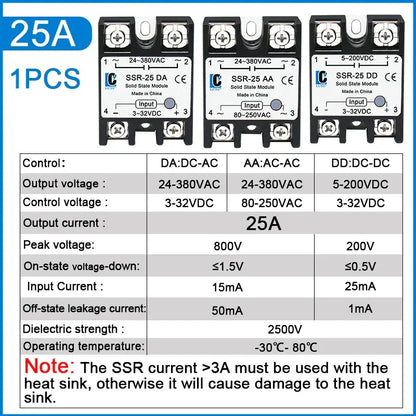 LCTC 1PCS SSR Solid State Relay DC To AC AC To AC DC To DC 10A 25A 40A 50A 60A 80A 100A Non-contact Relay 3-32VDC