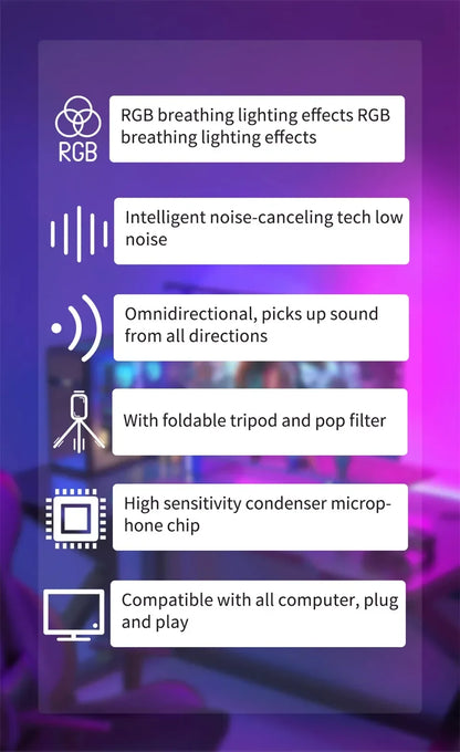 USB Microphone Clear Full RGB Capacitive Gaming Esports Desktop Microphone Live Conferencing Podcast Recording Studio Computer