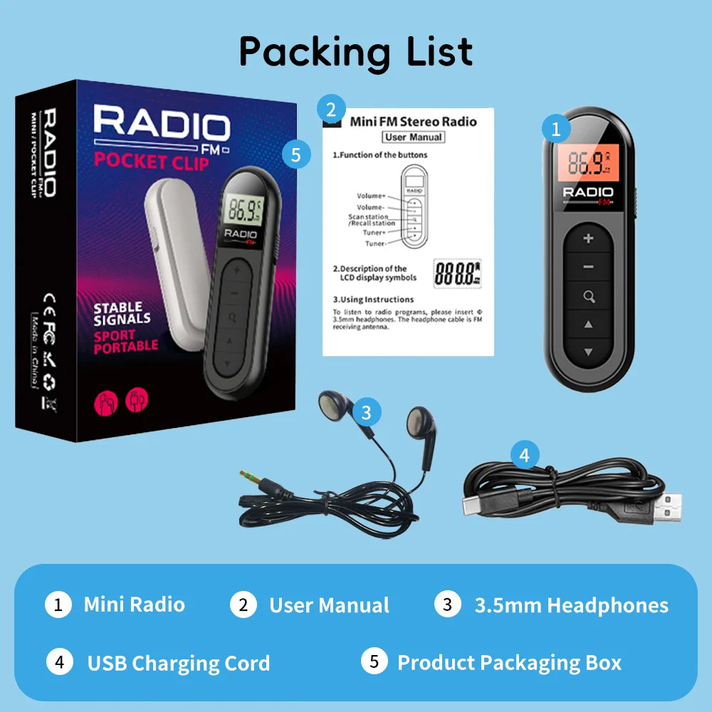 [Mini Portable FM Radio] Rechargeable Mini Portable FM Radio with Clip - Suitable for Meetings, Tours- Comes with Earphones