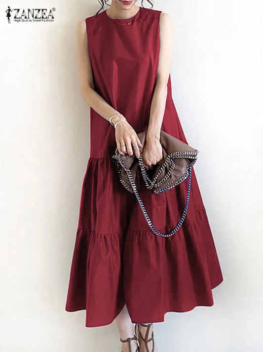 2025 ZANZEA Women Summer Dresses Stylish Sleeveless Ruffles Hem Sundress Casual A-line Holiday Beach Vestido Elegant Party Dress by PDG ibma