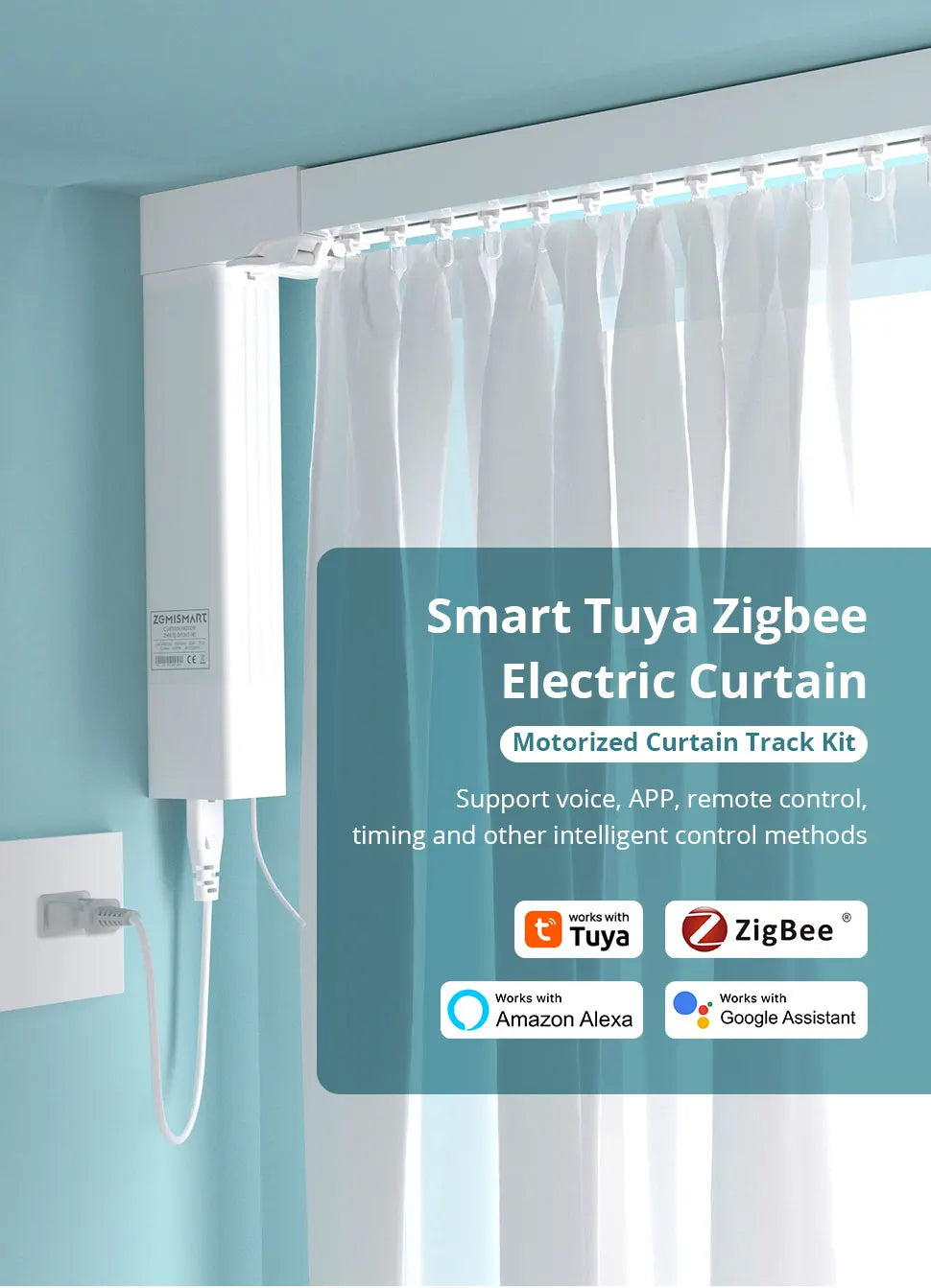 Zemismart Zigbee Curtain Track Work with Tuya Smart Life Alexa Echo Google Home Control SmartThings Electric Curtains