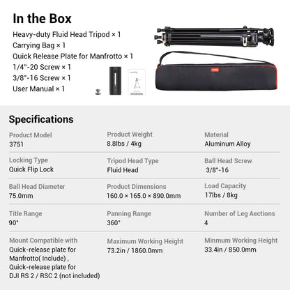 SmallRig Heavy-Duty 360° Fluid Head Tripod AD-01 186cm Video Tripod with Quick Release Plate for DSLR Camera Camcorder