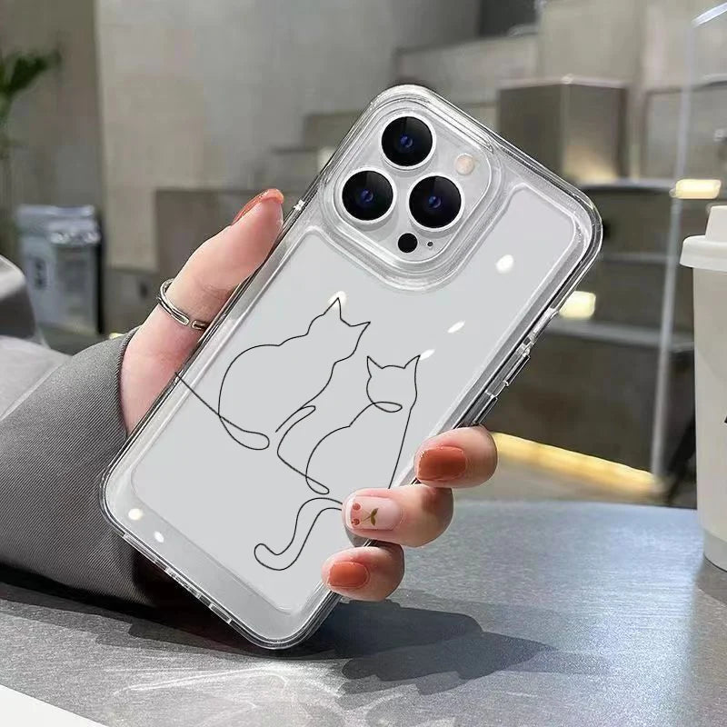 Luxury Shockproof Soft TPU Clear Phone Case For iPhone 17 11 12 13 14 15 16 Pro Max 16 Plus 16E 17 Air With Cute Line Cat Cover