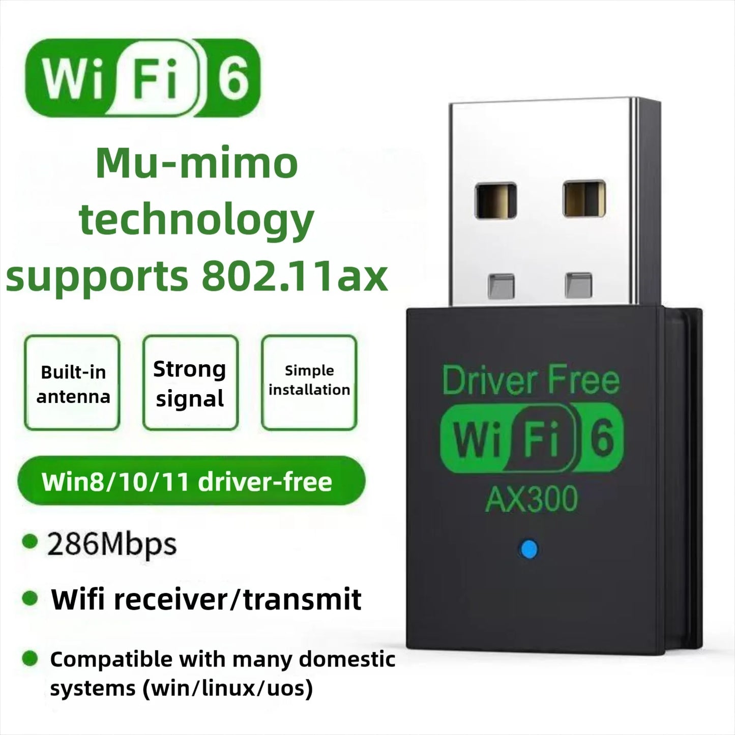 WiFi 6 AX300 WiFi USB Adapter Wireless Network Card 2.4G Wi-Fi Dongle Dual Band Antenna USB For PC/Laptop Win10/11 Driver Free