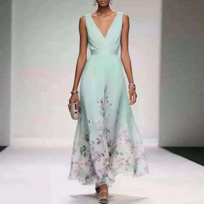 New Fashion Party Dresses Deep V Neck Floral Printing Ruffle Sleeveless A Line Beach Dress High Waisted Summer Sexy Womens Dress