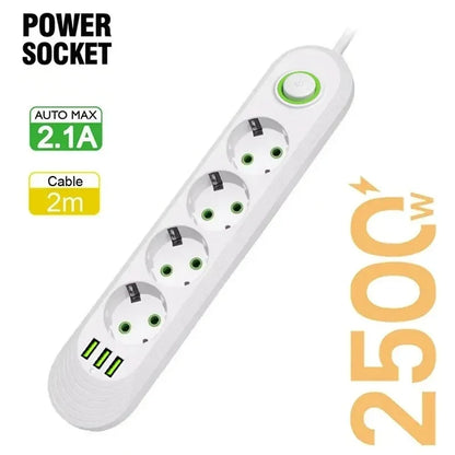 EU Power Socket 2m Cable 3USB Jack 3/4/5 Holes 2500W Power Strip AC Outlet with Extension Cord Max 2.1A Charging Adapter Socket
