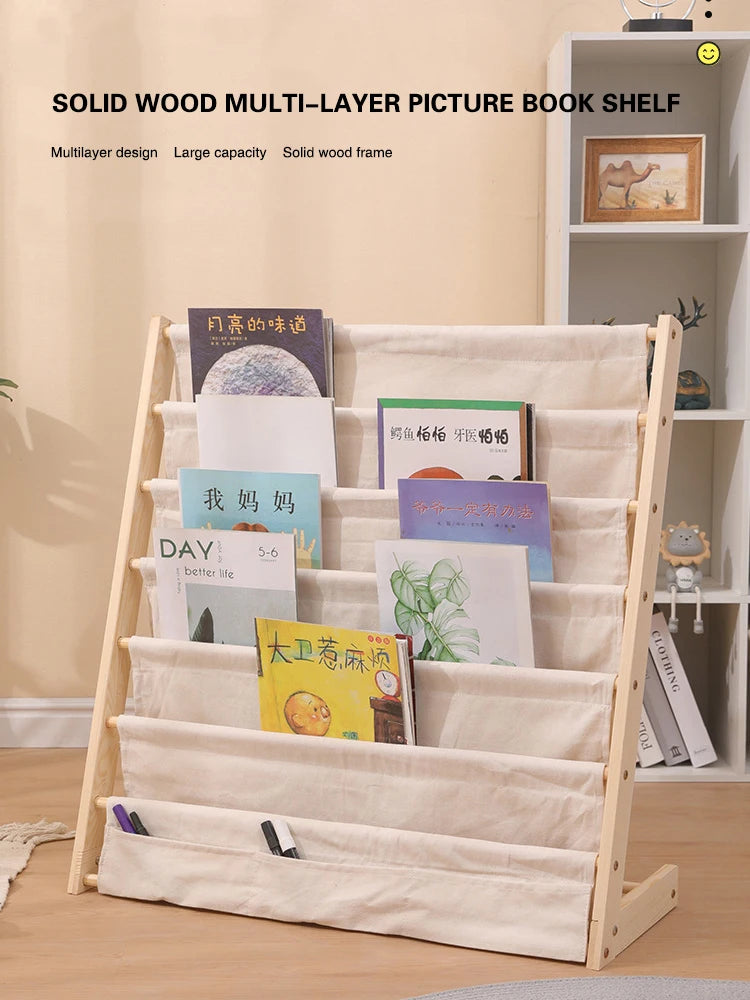 Solid Wood Children Bookshelf Multi-Layer Movable Shelf for Kids Storage Floor Standing Bookshelf Picture Book Rack Bookcase