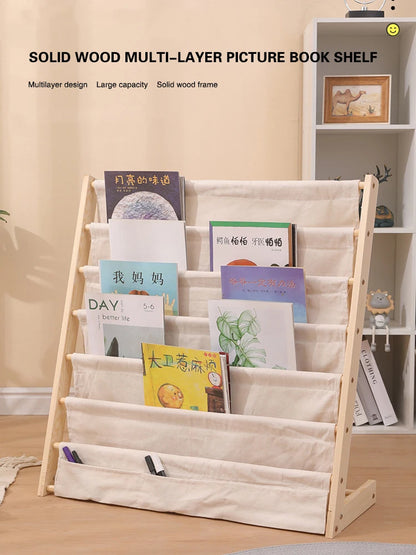 Solid Wood Children Bookshelf Multi-Layer Movable Shelf for Kids Storage Floor Standing Bookshelf Picture Book Rack Bookcase