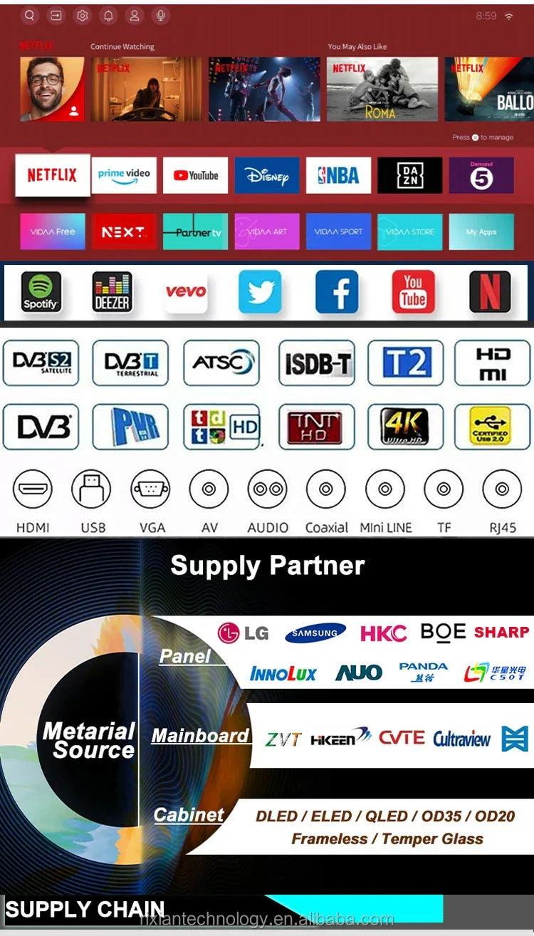 43 55 65 75 Inch Smart Tv Android Wifi T2S2 4K Smart Television 60 75hz High Definition For Home