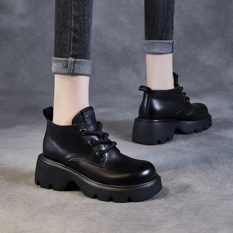 DRKANOL Luxury Design Genuine Leather Ankle Boots For Women Platform Casual Short Boots Women Winter Thick High Heel Warm Shoes
