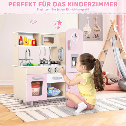 Wooden Play Kitchen Set Pretend Play Kitchen with Lights and Sounds for Kids Ages 3+, Includes Stove Oven Microwave Coffee Maker