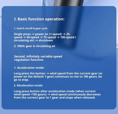 Portable Handheld Fan 100 Wind Speeds Mini Bladeless Hand Fan USB Rechargeable Highspeed Fans Camping Electric Fans Air Cooler