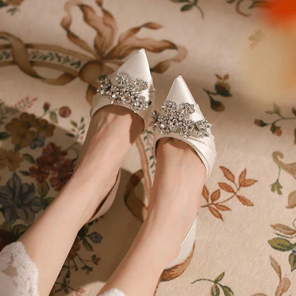 2025 Autumn New White French High Heels Pointy Rhine-Diamond Thin Heel Not Tired Foot Single Shoes Wedding Shoes