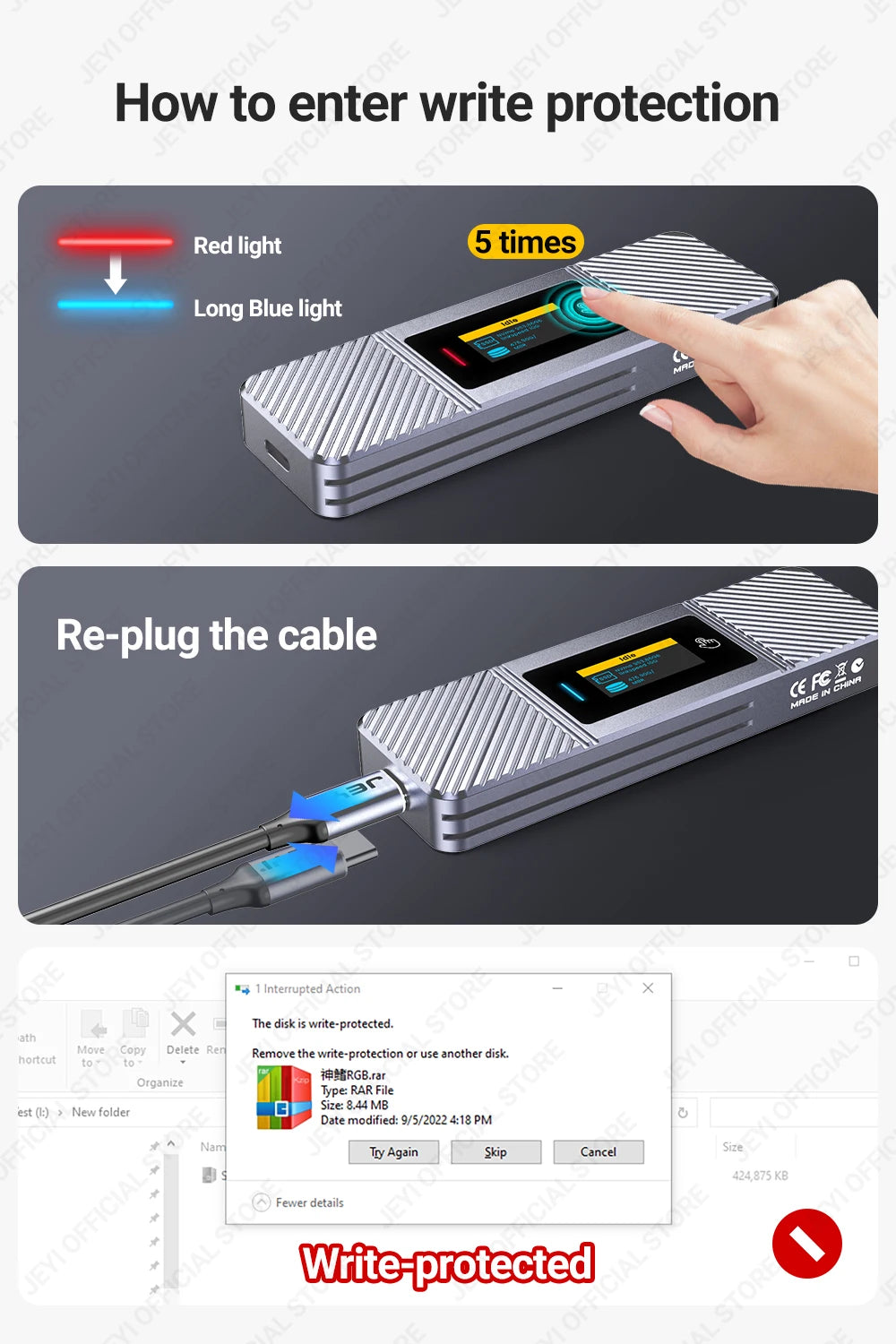 JEYI Visual Smart M.2 NVMe NGFF SSD Enclosure, Supports 5s Write Protection, 3s Re-connect, USB 3.2 Gen2 10Gbps, UASP Trim