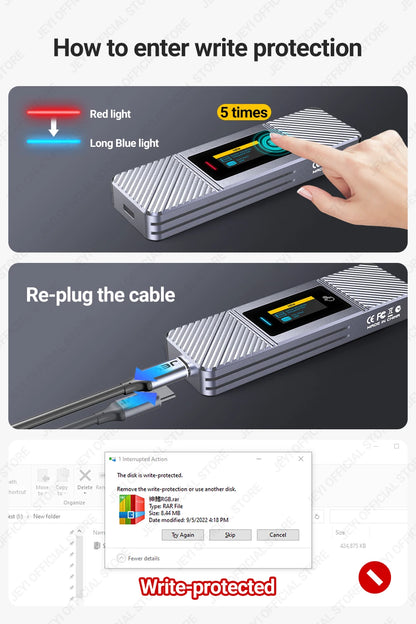 JEYI Visual Smart M.2 NVMe NGFF SSD Enclosure, Supports 5s Write Protection, 3s Re-connect, USB 3.2 Gen2 10Gbps, UASP Trim