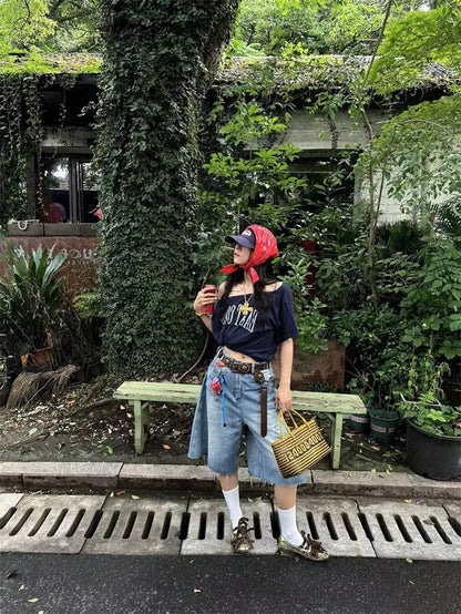 Yedinas Loose Off Shoulder Letter Graphic T Shirts Woman Clothing Short Sleeve American Retro Summer Tops Korean Style Y2k Tees