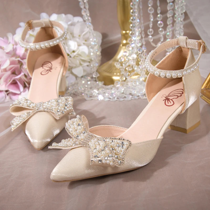 Maogu 2023 Pearl Bowtie Ankle Strap High Heels Shoes Woman Beige Red Bling Crystal Wedding Shoes Elegant Med Heels Women's Pumps