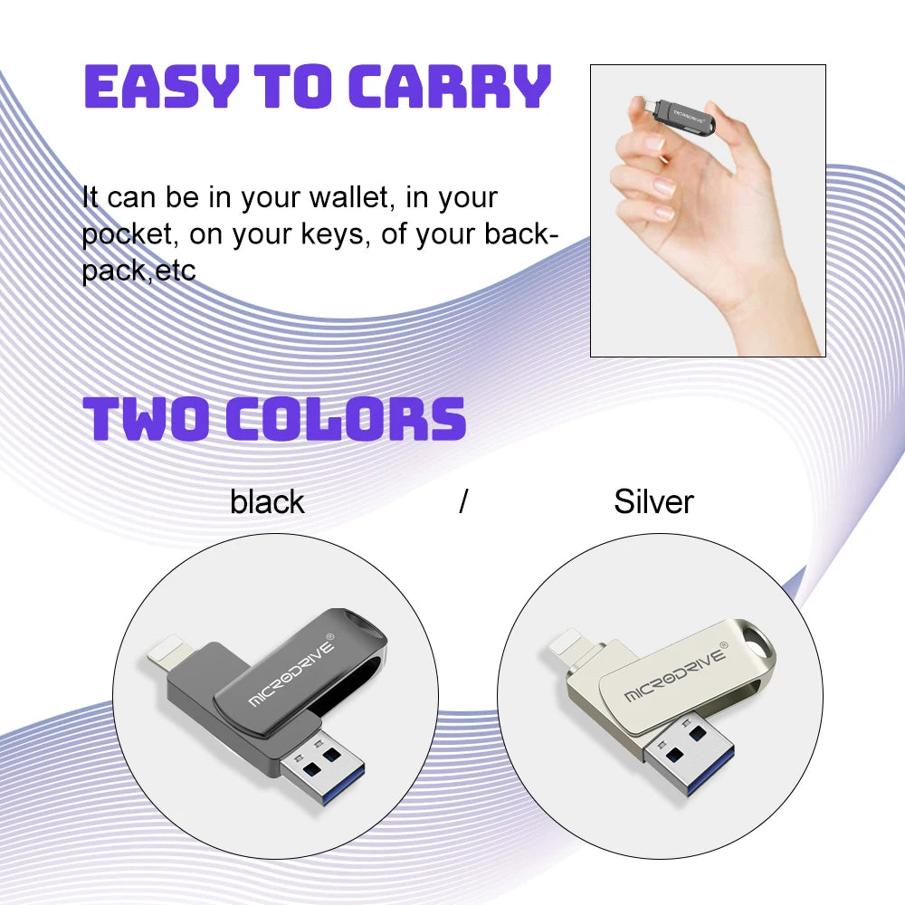 OTG Flash Drive USB3.0 for iPhone with 2 in 1 USB to lightning & usb 3.0 pendrive for iPhone 6/7/8//11/12/13 /14/ for Ipad