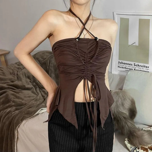 Summer Women Fashion Off Shoulder Halter Cami Tops Sexy Spicy Style Slim Fit Crop Tops Sleeveless Backless Stylish Streetwear