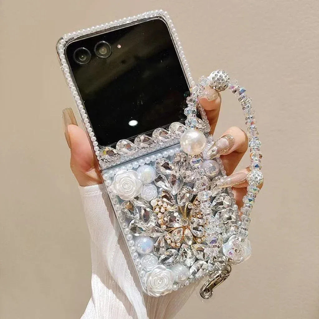 Luxury Crystal Pearl Elegant Butterfly Diamond Strap Phone Case Cover For Motorola Razr 50 60 40 Moto 2023 2024 2025 Plus Ultra