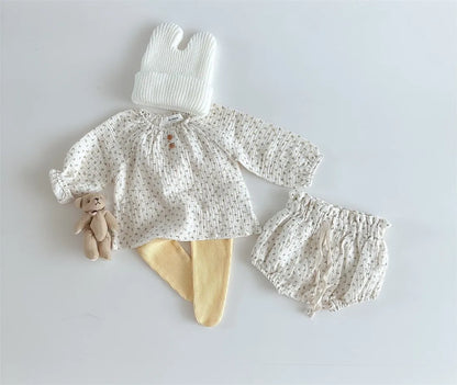 2024 Spring Newborn Floral Print Cotton Long Sleeve Tops+Shorts 2pcs Boy Girl Baby Loose Dots T-shirt Set Thin Infant Tees Suit