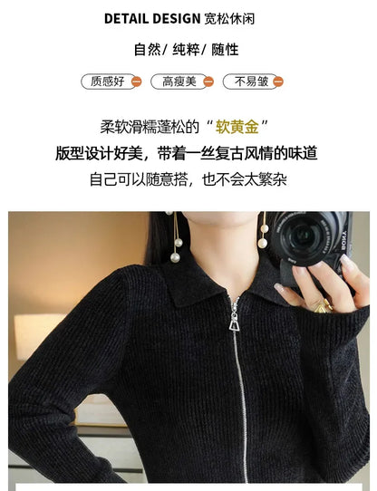 Women Autumn Winter Soft Wool Sweater Polo Collar Thicken Knitted Double Zipper Cardigan Basis Short Top Cashmere Female Coat