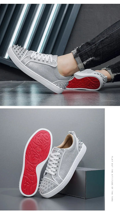 New Fashion Silver Trainers Glitter Spiky Shoes Men Lace Up Sneakers Low Top Shoes Red Sole Man Designer Sneaker With Spikes