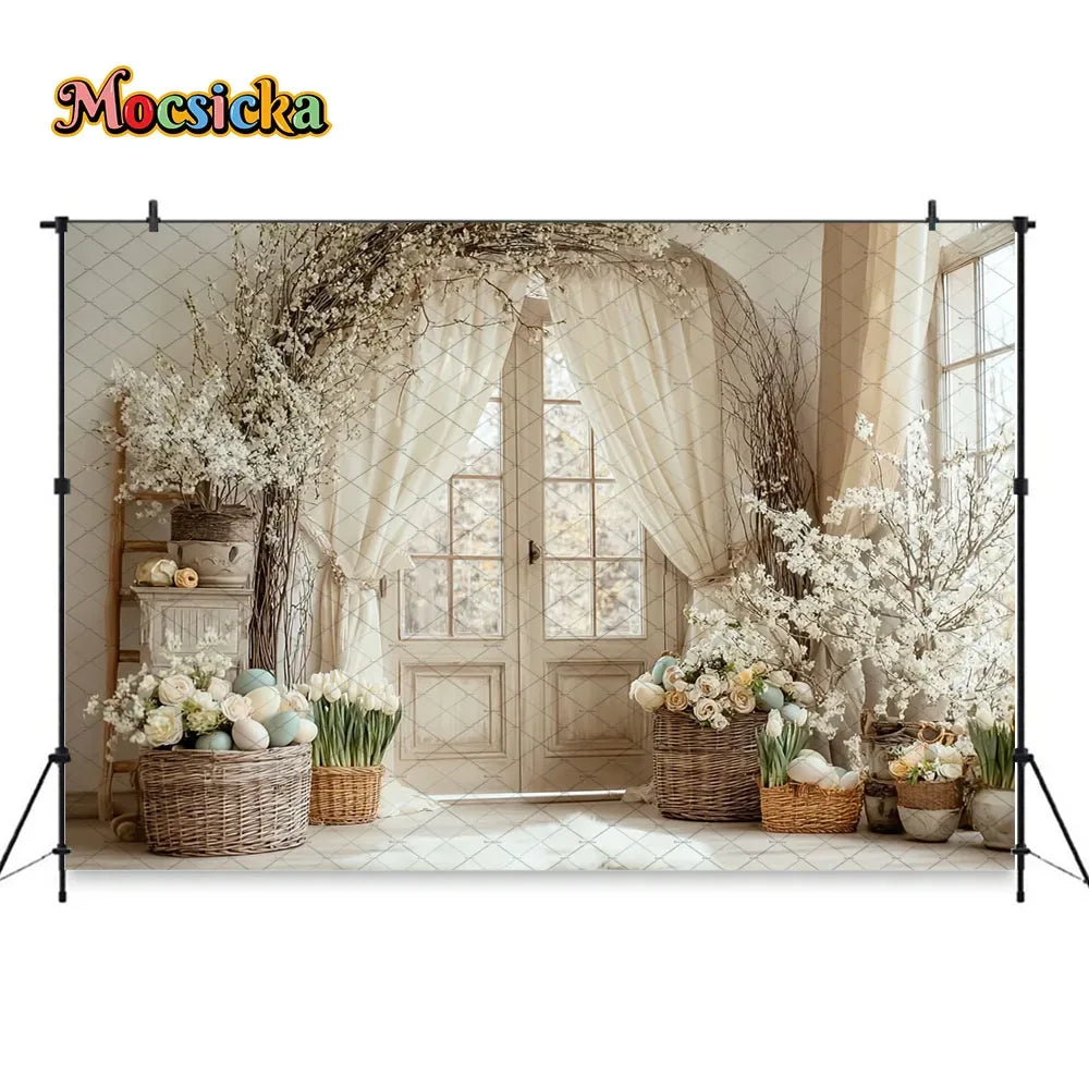 Mocsicka Spring Easter Background Photography White Retro Door Colorful Egg Floral Backdrop Maternity Newborn Photozone Studio