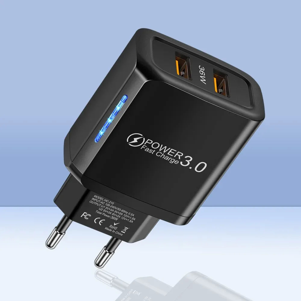 2 USB Charger 36W Fast Charging Double USB Quick Charge 3.0 for Samsung Xiaomi 14 HUAWEI OPPO Oneplus Mobile Phone Wall Adapter