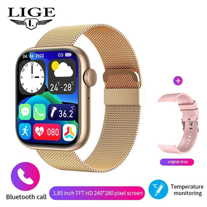 LIGE New Women Smart Watch 1.85 Full Touch Bluetooth Call Smart Wristwatch Body Temperature Watch Sports Bracelet Men Smartwatch