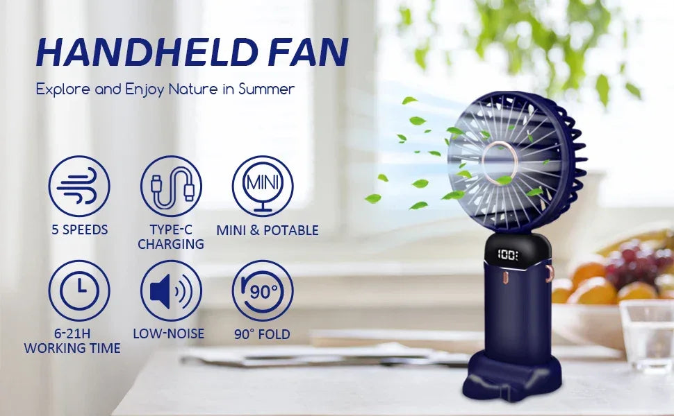 Handheld Fan,Foldable Desk Desktop Type-C Rechargeable Fans with Lanyard and Base, Mini Fan with LED Display 4000mAh