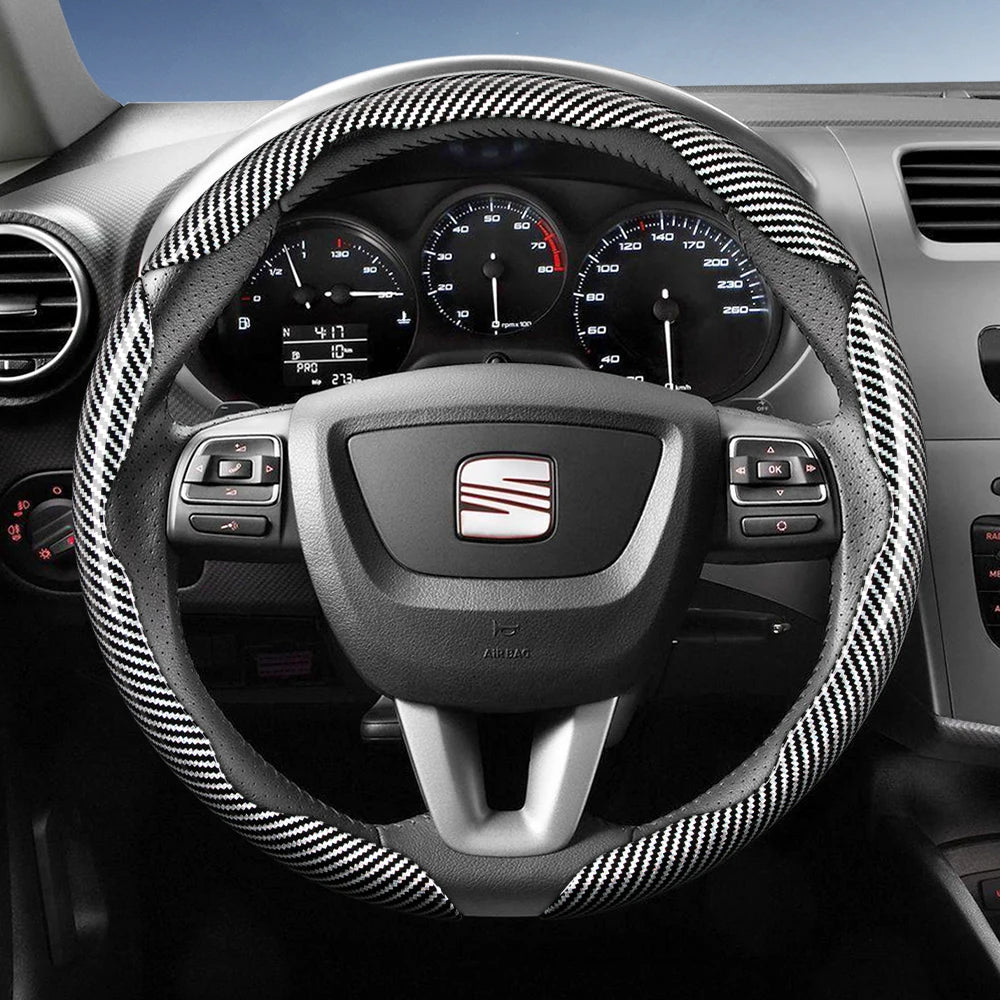 Suitable for Seat Carbon Fiber Texture Steering Wheel Cover with Segmented Quick-Release Design, Durable, for Models Such as Ibiza, Arona, Leon, Leon Sportstourer, Ateca, Etc., in Black, Blue, Red, Silver, and White by PDG ibma