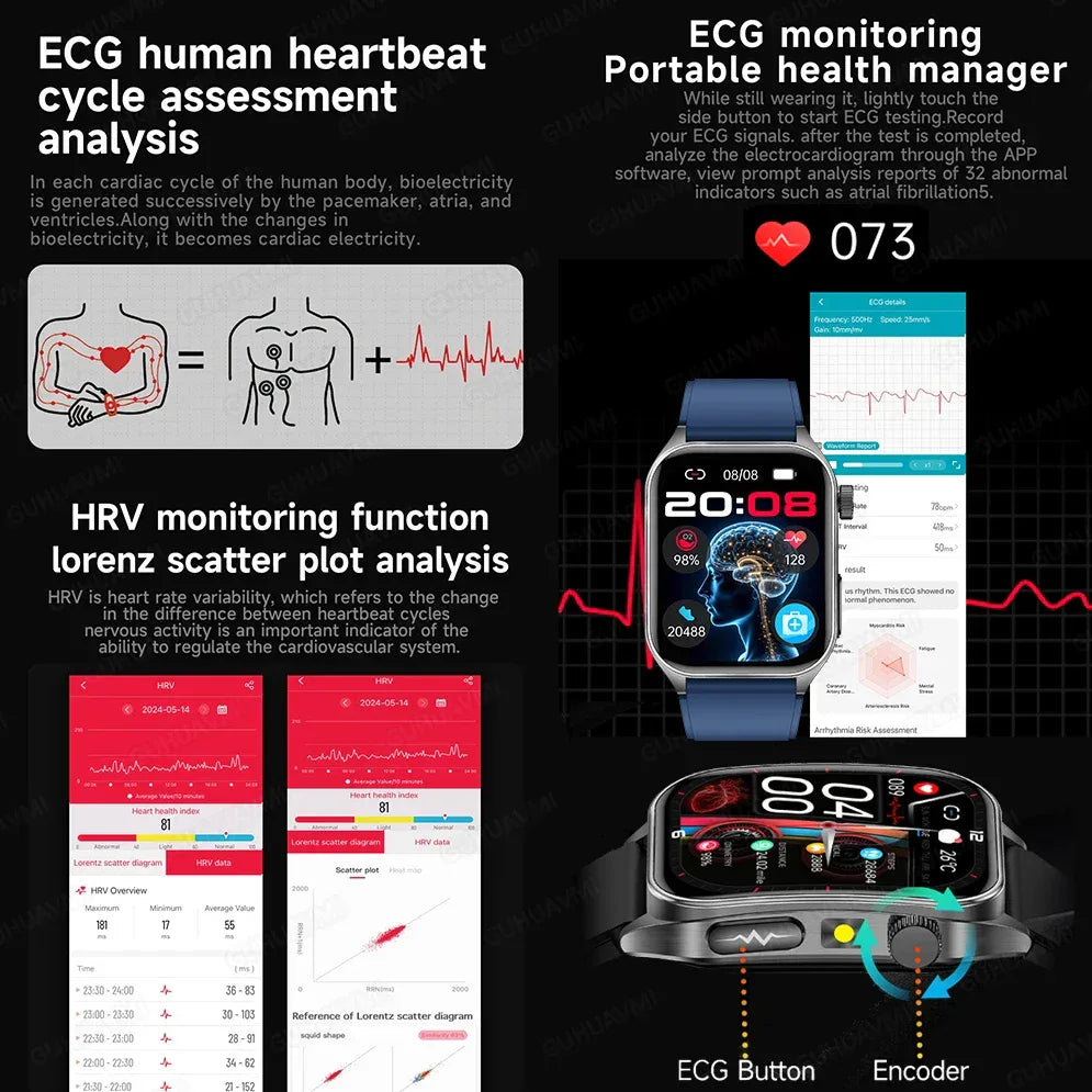 New 650nm Dual probe laser Health Smart Watch ECG+PPG Blood pressure Uric Acid Blood lipids AMOLED Physical therapy Smartwatches