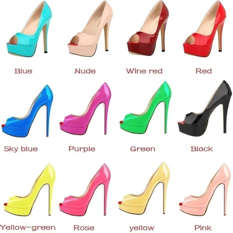 LOSLANDIFEN Sexy Peep Toe Platform Women Pumps 14cm Super High Patent Leather Heels Shoes Red Wedding Stilettos Large Size 43 44