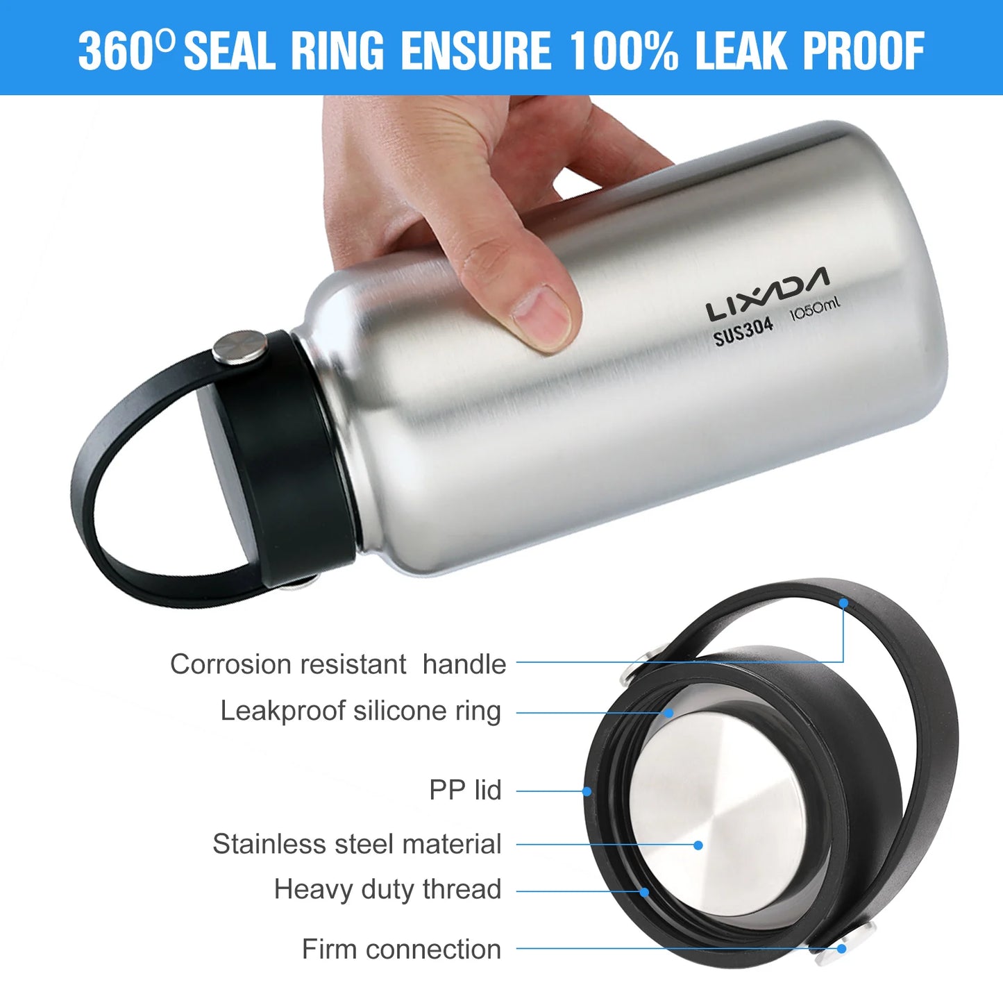 LIXADA Stainless Steel Water Bottle Leak Proof Sports Bottle with 750ml Water Cup for Outdoor Camping Hiking Sport Bottle