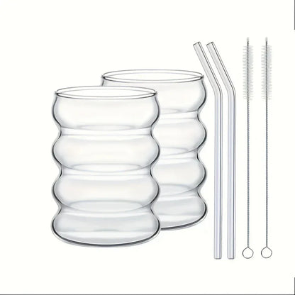2 High Borosilicate Glass Coffee Cups 350ML/11.8oz with Straw and Brush, Vintage Ripple Design, Transparent Aesthetic Drinkware
