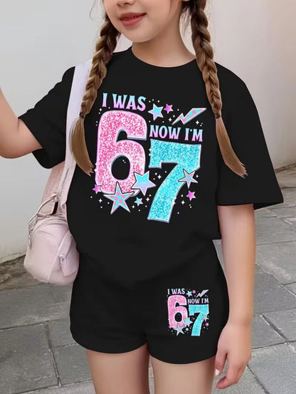 67 Six Seven Girls Clothes Cute Bows Flowers Print Girls Short Sleeve T-Shirt + Pants Set Casual Fashion Children's Clothes Tops