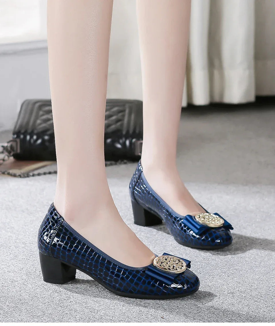 Spring and Autumn Boat Shoes Genuine Leather Soft Sole Mid-Heel Shoes Bow Heels Ladies Women Womens Round Toe Slip-on Women's 42