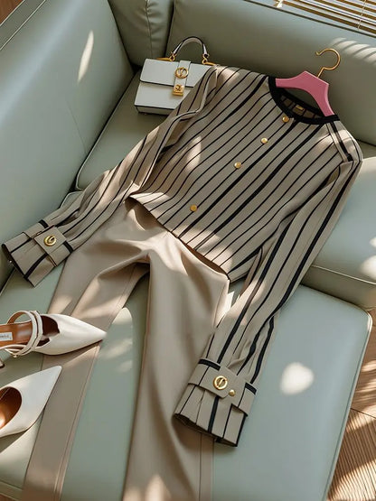 Autumn Korean Fashion High End Long Sleeve Stripe Shirt High Waist Slim Suit Pants Formal Commuter Two Piece Set Women Outfits