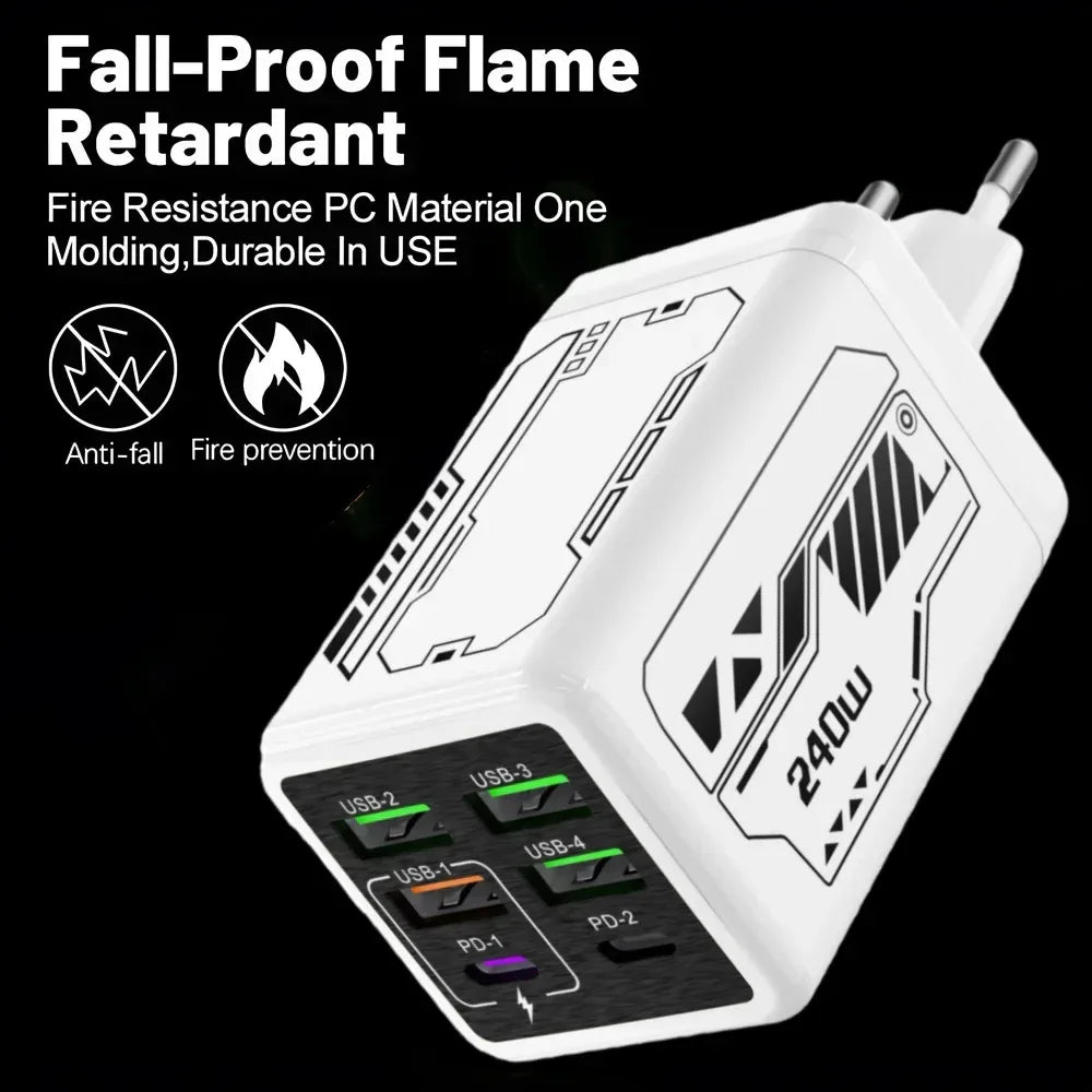 240W 6 Ports USB C Charger Fast Charging EU/US/UK Wall Charger For iPhone Samsung Xiaomi Type C Quick Charge Phone Power Adapter