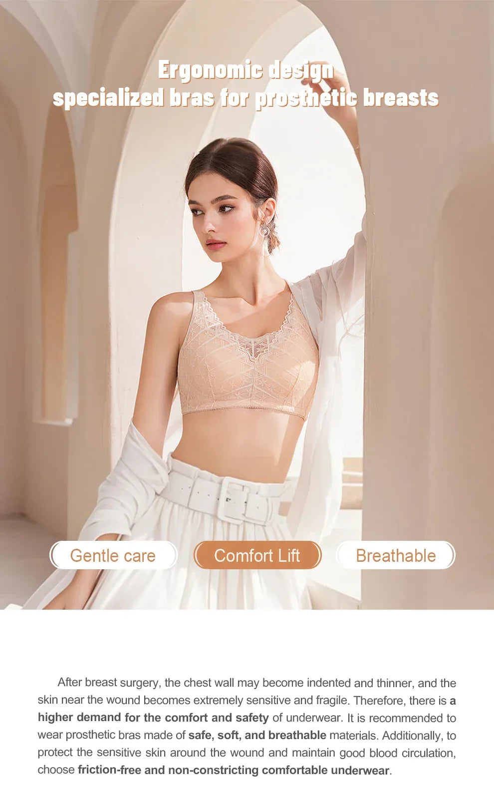 LERVANLA 2566 Strong Breathability Mastectomy Bra Women with Pocket Breast Form Pads Included Adjustable Cotton Comfort  Large