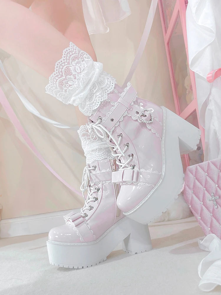 Japanese Mine Lolita Short Boots for Women Mass Production Love Rhinestone Buckle Bow Round Head Platform Boots Sweet Shoes